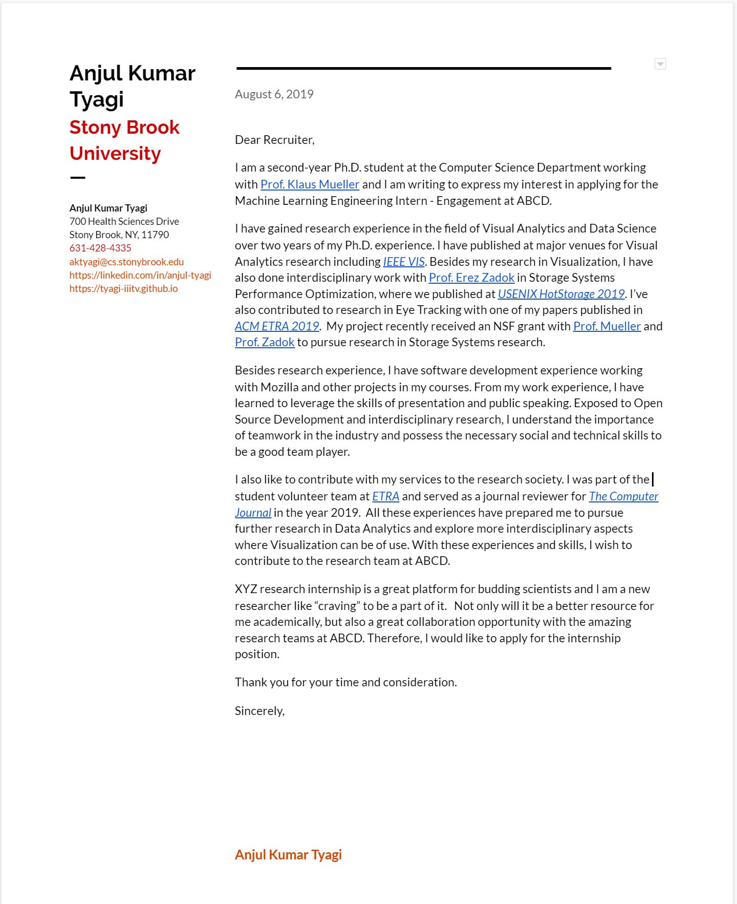 Cover Letter Example For Internship Job Applications Anjul Tyagi